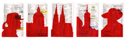 Fünf rote Linolschnitte auf Siegener Telefonbuchseiten